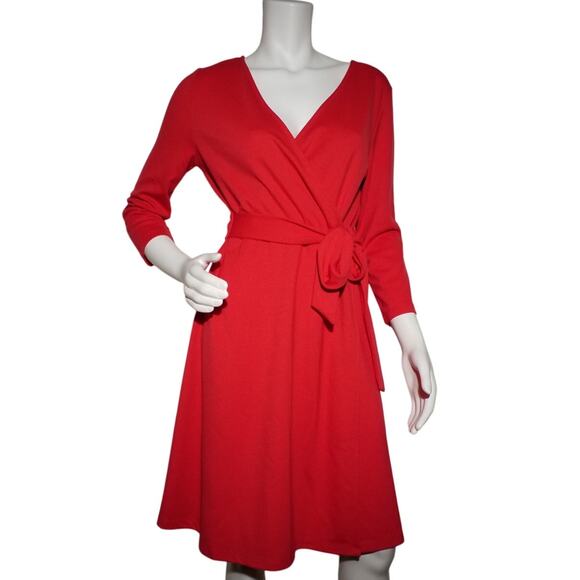 Lands EndWomens Sz S 6-8 VNeck Wrap Dress Red 3/4 Sleeve Knee Length Sash Tie - Picture 1 of 6